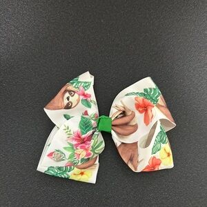 Floral Sloth Kids Hair Bow - Green and White